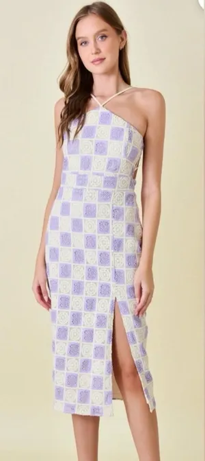 Anthropologie FORE‎ COLLECTION Lilac/Cream Checkered Crochet Halter Dress Autumn Wedding Guest thumbnail 1