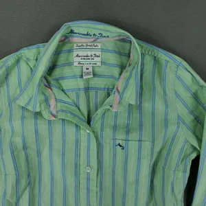 Abercrombie & Fitch Button Down Shirt Womens M Green Striped Stretch Poplin‎ Top thumbnail 2