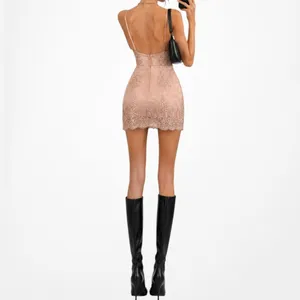 Vintage Y2K 90s Beige Nude Lace Mesh Mini Bodycon Knit Cocktail Party Dress Size S thumbnail 3