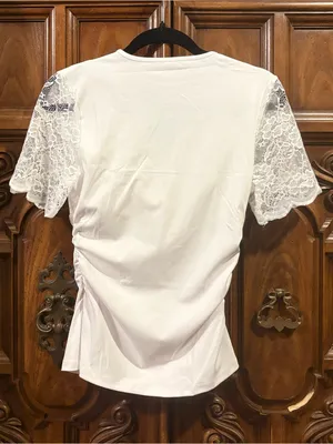 Floral Lace Short Sleeve V Neck Ruched Slim Fit Stretch Blouse Sz Small NWOT thumbnail 8