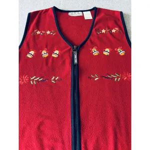 Vintage Erika Sport Womens Fleece Vest Red Embroidered Bells Holiday Christmas M thumbnail 6