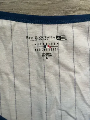 5th & Ocean White Blue Pinstripes Sequin Chicago Cubs Baseball Tee V Neck XL Top thumbnail 6