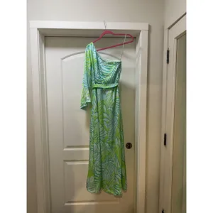 Boston Proper Dress Womens 0 Green Tropical Leaf One Shoulder Maxi Beach Party thumbnail 5