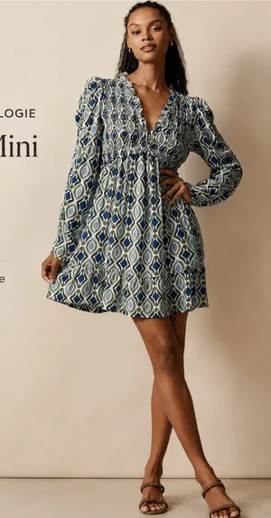 Anthropologie Navy and Cream Geometric Ruffle Mini Dress thumbnail 1