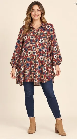Umgee USA Floral Babydoll Tunic Top Burgundy Red Long Sleeve Size M G0315 thumbnail 1