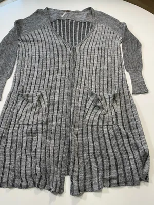 Free People Cotton Blend Heather Gray Longline Ribbed Cardigan Size Medium thumbnail 2