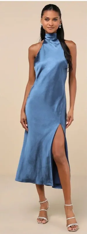 Lulus Exceptional Status Blue Halter Backless Slip Midi Dress Size Medium Gala thumbnail 1