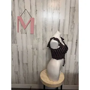 Ambiance Striped Ruffle Crop Top Size Medium Tie Front Sleeveless Boho Festival thumbnail 4