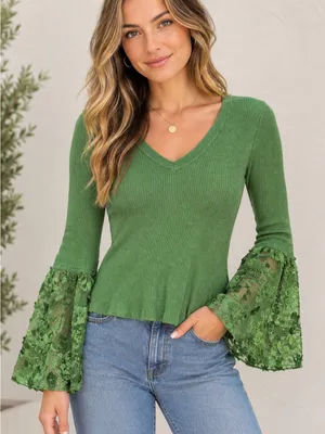 Ribbed Knit Sweater Floral Lace Bell Sleeve V-Neck Romantic Boho Cottagecore thumbnail 1
