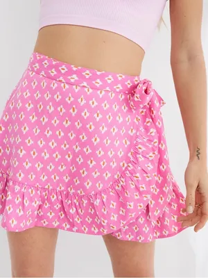 Aerie Pink Linen Blend Wrap Mini Skirt Ruffle Hem Cottagecore Medium thumbnail 1