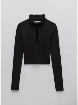 NWOT ZARA Black Ribbed Knit Ruffle Neck Sweater Velvet Bow Size L thumbnail 2