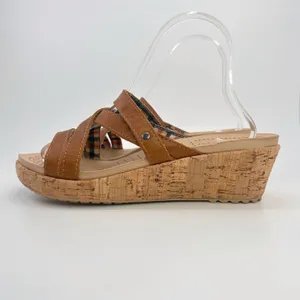 Crocs A-Leigh Leather Cork Wedge Sandals Brown Strappy Slip On Womens 8 Comfort thumbnail 4
