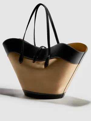 H&M NWT Large oversized Beige Black Structured canvas Tote Bag gold button thumbnail 2