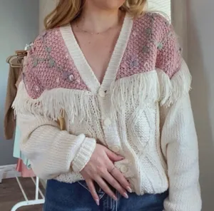 Vintage Cream with Pink Purple Floral Knit Sweater Cardigan Fringe thumbnail 1