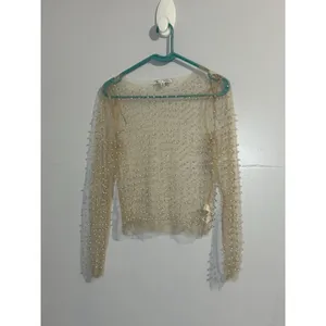 New‎ Haute Monde Transparent Beige Mesh Top with Faux Pearl Size S Festival thumbnail 2