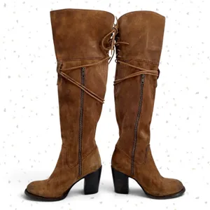 Freebird by Steven Brock Boots Brown Tan Suede Tall Heel Leather OTK Fall Boho 9 thumbnail 2