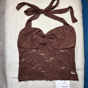 REORIA Chocolate Brown Lace Halter Crop Top Women’s Large Y2K Sweetheart Neck thumbnail 2