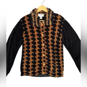 Lisa International Zip‎ Sweater Womens Gold Black Argyle Chenille Frilly 90s Y2K thumbnail 3