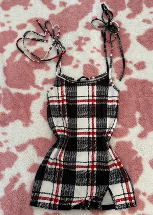 Y2K Plaid Tie Shoulder Top XS Coquette Soft Girl Grunge Aesthetic thumbnail 1