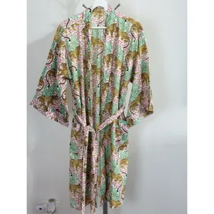 Women’s Cotton Robe Long Kimono Green Cheetah Print Jungle Loungewear Size 12 thumbnail 2