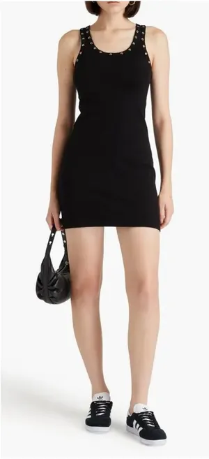 Re/Done Eyelet-Embellished Mini Dress Size Large Black Ribbed Grommet Grunge thumbnail 1