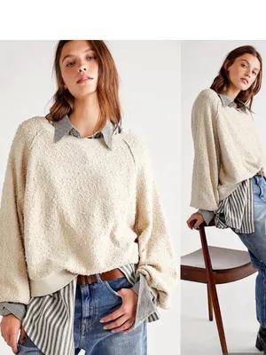 Free People Boucle Found My Friend ivory cream cotton oversized sweater size S thumbnail 2