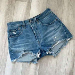 Levis 501 High Rise Button Fly Distressed Denim Shorts Medium Wash (size 30) thumbnail 1