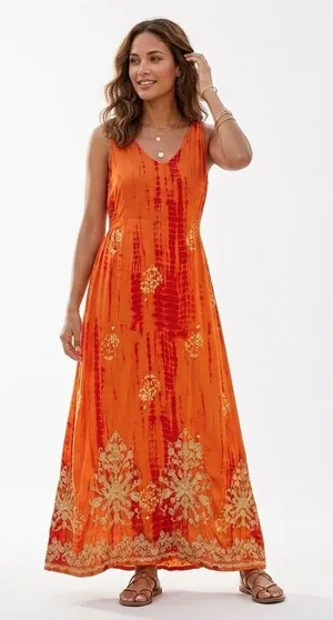 Soft Surroundings Size-L Maxi Dress Orange Tie Dye Metallic Gold Embroidered thumbnail 1