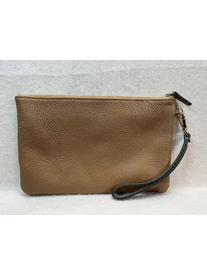 Brown Pebbled Leather Wristlet Clutch LMG Monogram Gold Tone Zip Pouch thumbnail 2