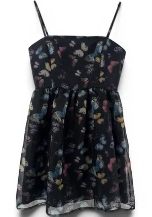 Lulus Dress Womens L Butterfly Print‎ Black Spaghetti Strap Mini NEW thumbnail 1