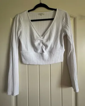 Z Supply White Ribbed V-Neck Cropped Long Sleeve Top thumbnail 1