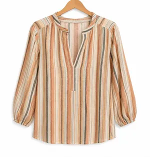 Anthropologie Bishop + Young Coastal Boho Striped Cotton Blouse Orange Cream M thumbnail 1