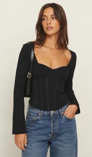 Reformation Amina Long-Sleeve Corset Bustier Sweetheart Neck Boning Top Size 12 thumbnail 1