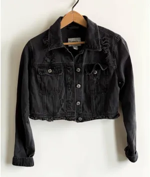 Forever 21 Womens Distressed Cropped Denim Jacket Washed Black Small Frayed‎ Hem thumbnail 1