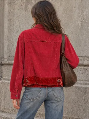 J.Jill Red Corduroy Trucker Jacket Velvet Trim Y2K Boho Small thumbnail 2