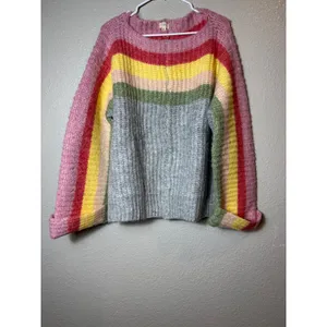 POL Rainbow Confetti Oversized Stripe Knit Sweater Size L Gray Multicolor thumbnail 4