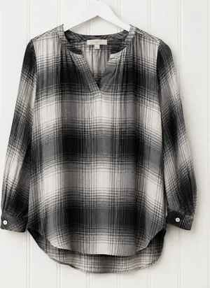 LOFT Womens S Petite Black White Plaid Blouse Split Neck thumbnail 1