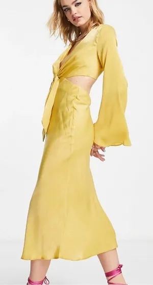 NWT ASOS Yellow Cutout Tie-Front Midi Dress Boho Size 0 thumbnail 1