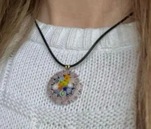 Millefiori Glass Charm Pendant Necklace Vintage “Dahlia” Leather Strand Italian Classi thumbnail 1