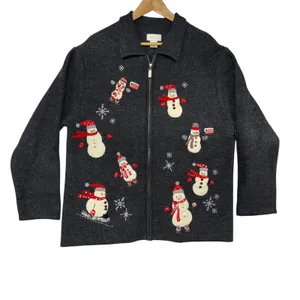 Studio Works Women's Gray 100% Wool Snowman X-Mas Embroidered Zip Up ‎ sweater L thumbnail 2