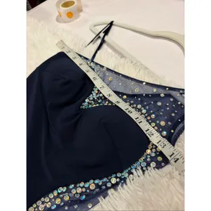 La Femme One Shoulder Sheer Rhinestone Formal Maxi Dress in Navy Blue Size 0 thumbnail 4