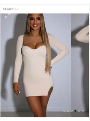BABYBOO Nada Dress Womens Large Beige Knit Bodycon Mini 3/4 Sleeve thumbnail 2