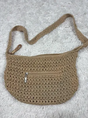 The Sak Tan Crochet Knit Boho Shoulder Bag Zip Top Beige Hobo Purse Lined thumbnail 1