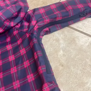 Burton Womens Plaid Hooded Rain Jacket Pink Navy Blue Mesh Lined Pit Zips Sz SM thumbnail 5