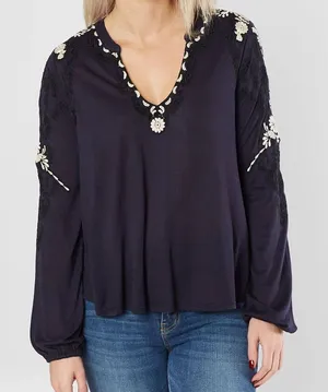 Lucky Brand Floral Embroidered V-Neck Top Navy blue L thumbnail 1