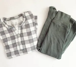 Warm Essentials by Cuddl Duds 2-Piece Lounge PJ Set - L - Grey + Green Plaid thumbnail 1