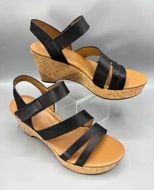 Naturalizer Cynthia Wedge Sandals Womens 9M Black Leather Cork Platform Straps thumbnail 1