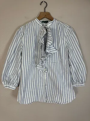Ralph Lauren Jeans Company Cotton Striped Ruffle Blue White Blouse Medium thumbnail 6