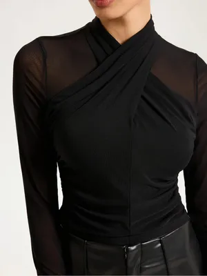 Commense Black Mesh Ruched Cross-Halter Long Sleeve Top NWT Size Small thumbnail 8