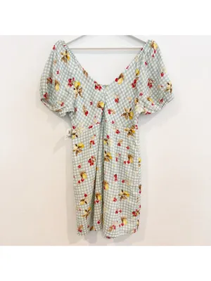 Altard State‎ Aldrin Dress Size L Sage Green Gingham Fruit Puff Mini Coquette thumbnail 10